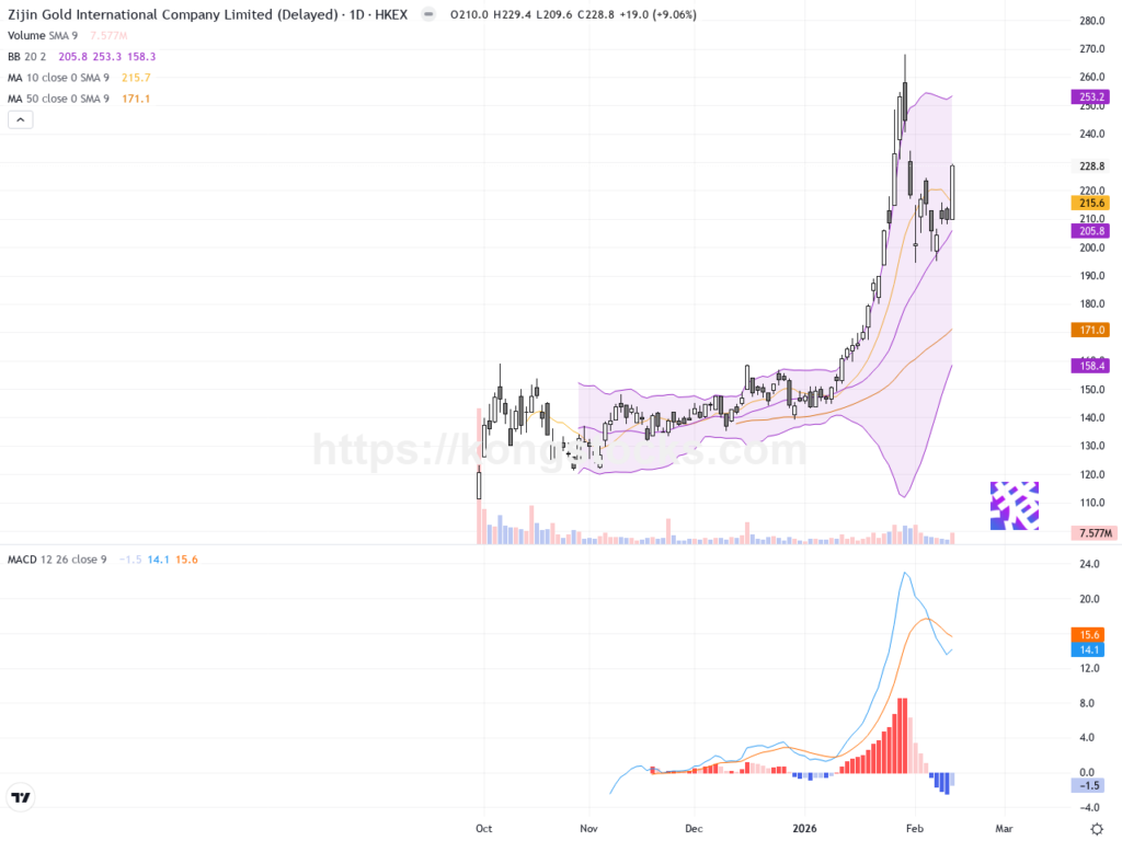 紫金黃金國際: 股價大幅反彈，技術面重拾上升動力